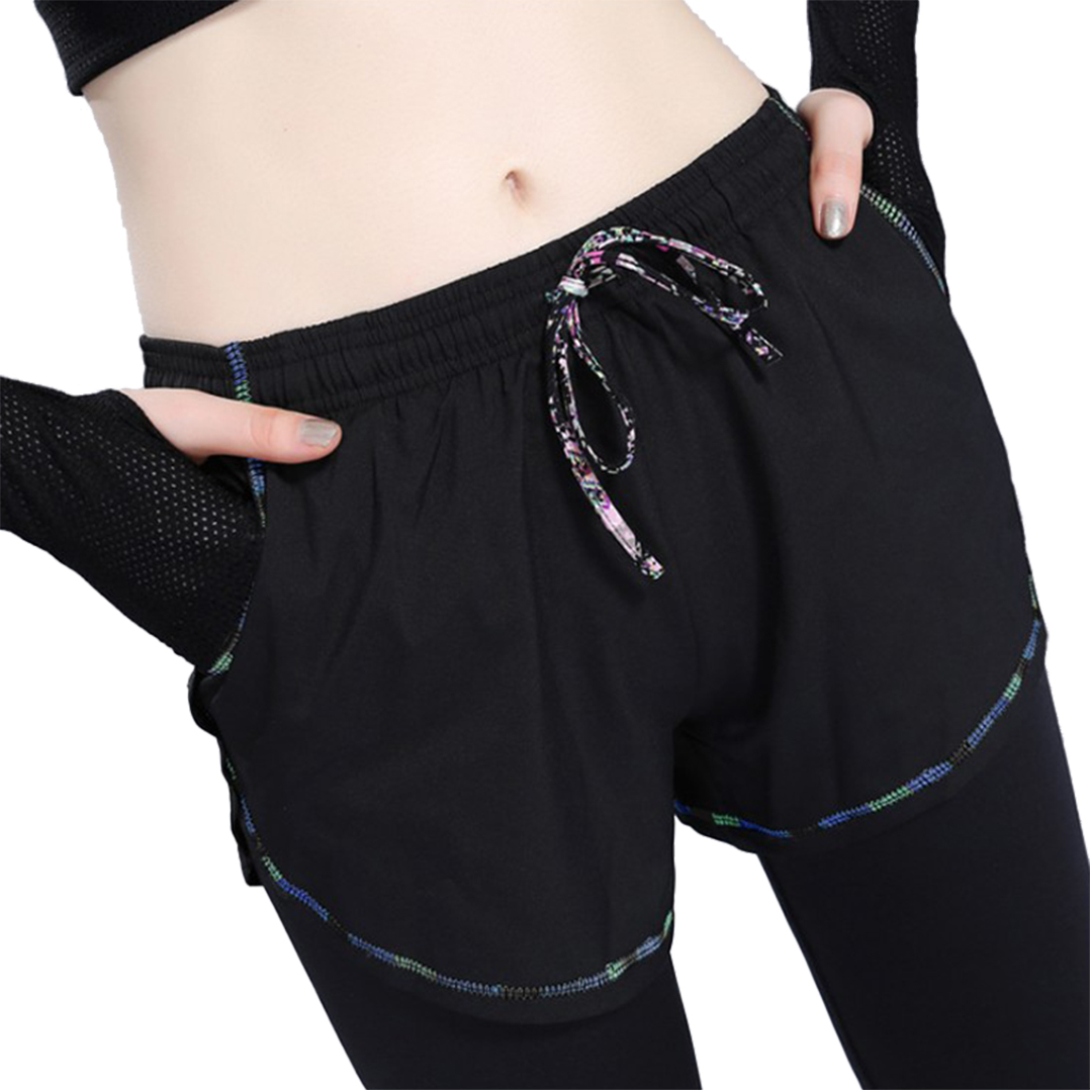  迷彩假兩件九分長褲高腰速干運動褲