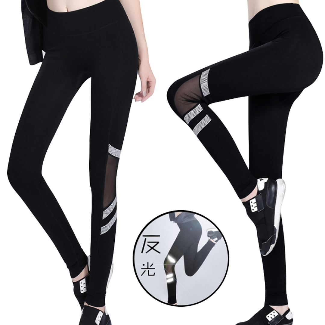高彈力拼網紗戶外夜跑反光運動褲