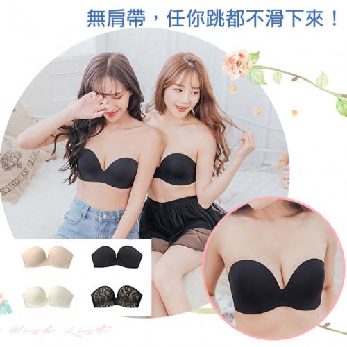 防滑無肩帶無鋼圈薄款半杯隱形聚攏,平口防滑無鋼圈爆乳內衣