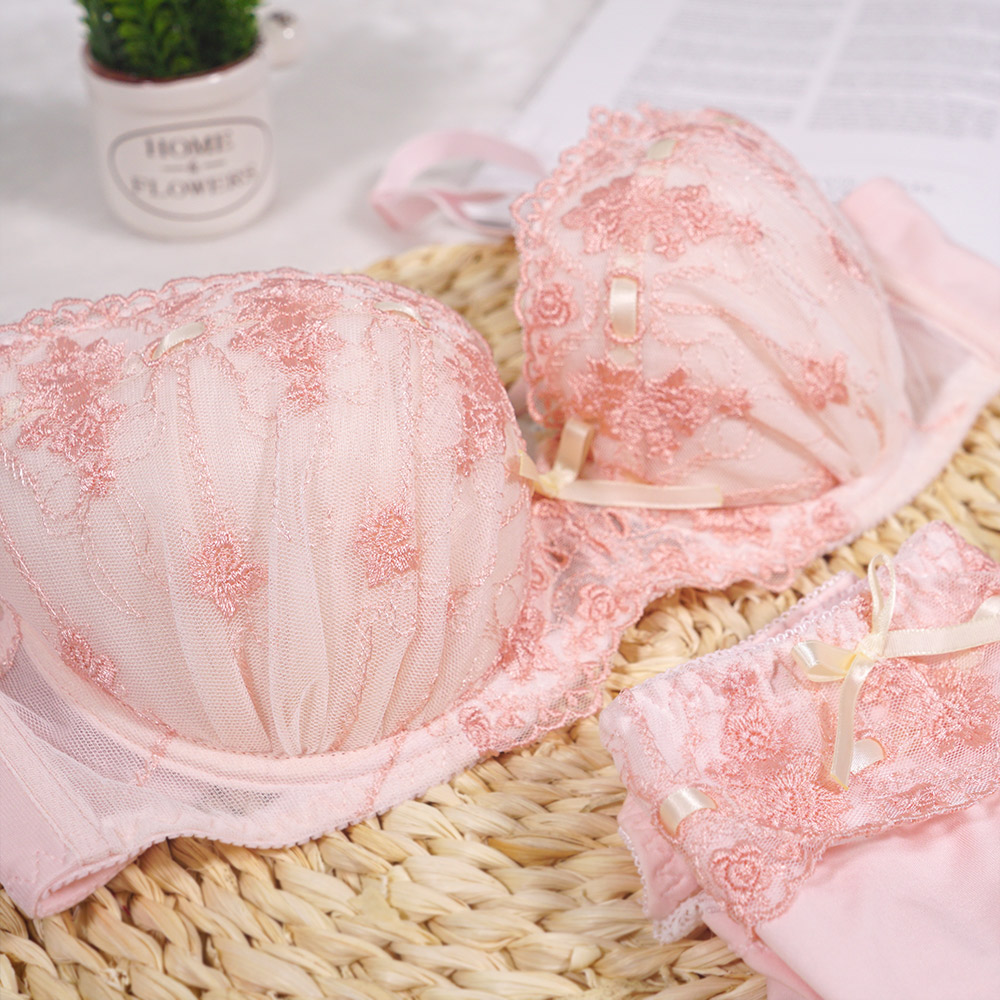 少女心日本粉色絲帶花朵刺繡內衣