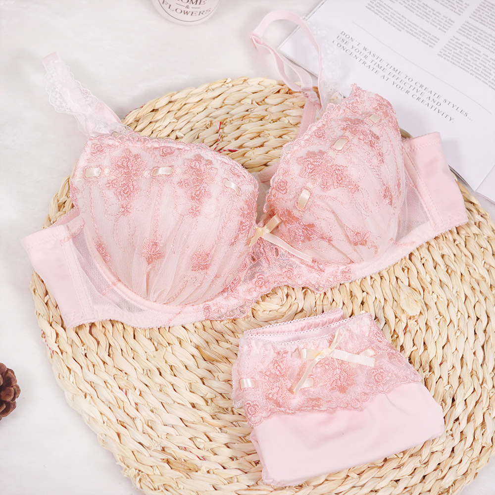 少女心日本粉色絲帶花朵刺繡內衣