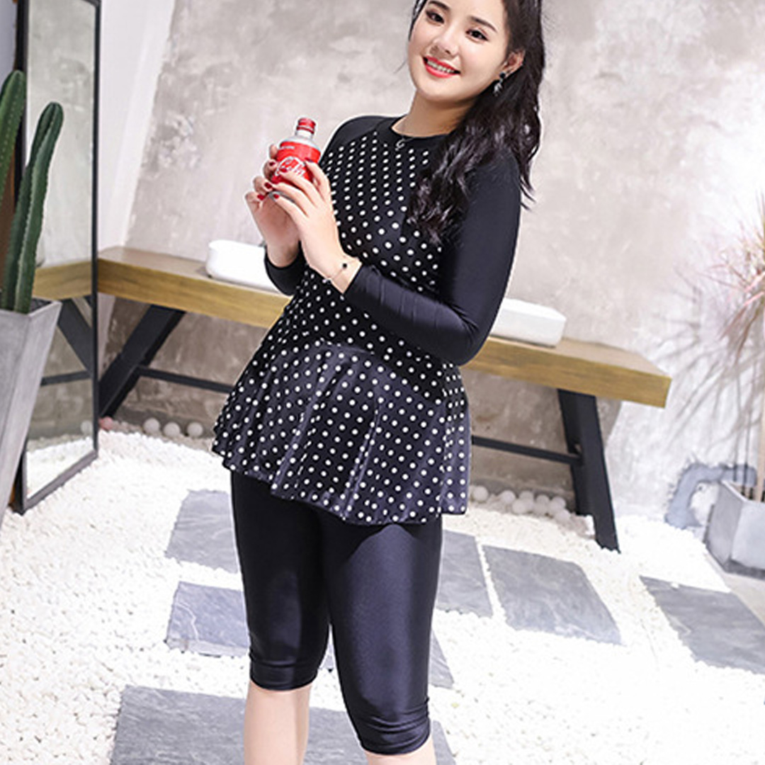 JH19014 女士加大碼長袖緊身中褲分體泳衣