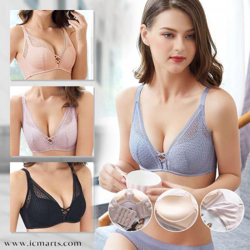 交叉綁帶深V聚攏浪漫蕾絲無鋼圈薄杯內衣