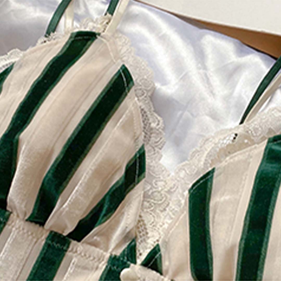 輕奢細絨條紋雙層花邊薄杯無鋼圈家居內衣-大小胸都得