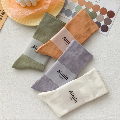 日系莫蘭迪色純棉中筒女襪